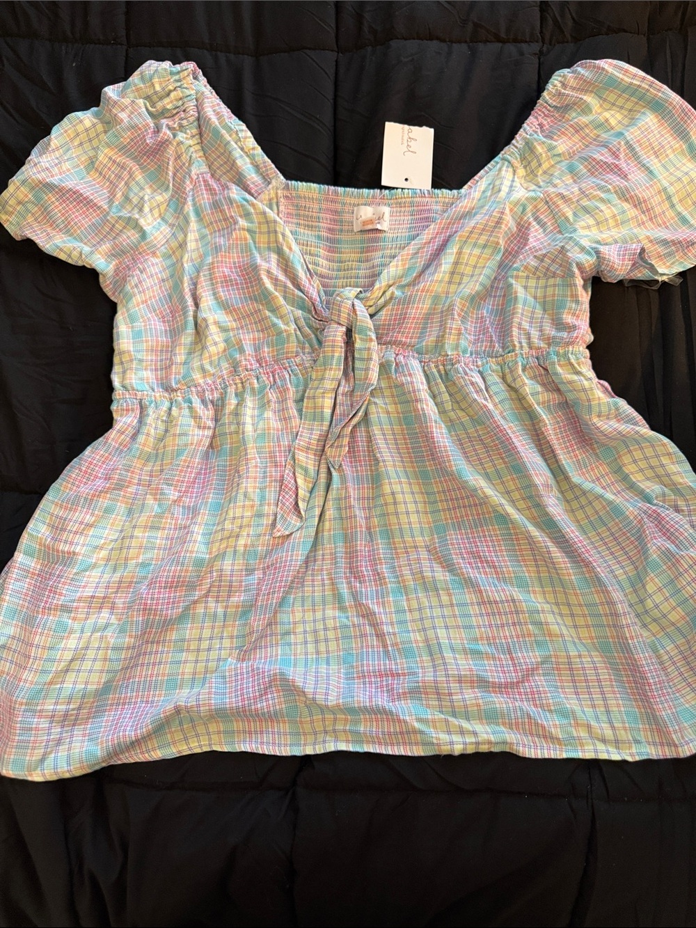 Isabel Maternity by Ingrid & Isabel Pastel Plaid Tie-Front Puff Sleeve Top - Picture 1 of 4